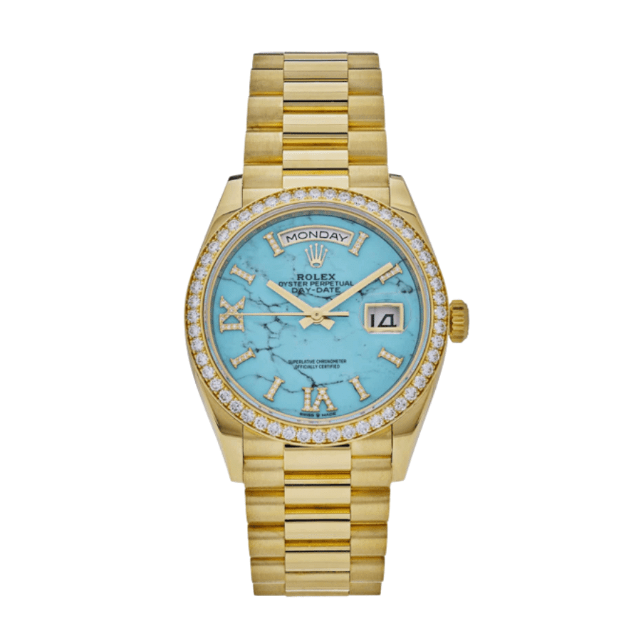 5-Rolexday-dateyellowgoldturquoisediamonddial36mm.png Day-date yellow gold turquoise diamond dial 36mm - Image 1